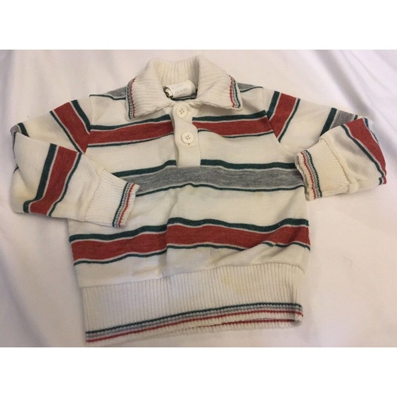Boy's Bull Frog Knits striped sweater size 18 Mo Green Orange 70s 80s Collared - Picture 1 of 8